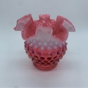 Vintage Fenton Hobnail Double Crimp Ruffle Vase Cranberry Opalescent 4.25"